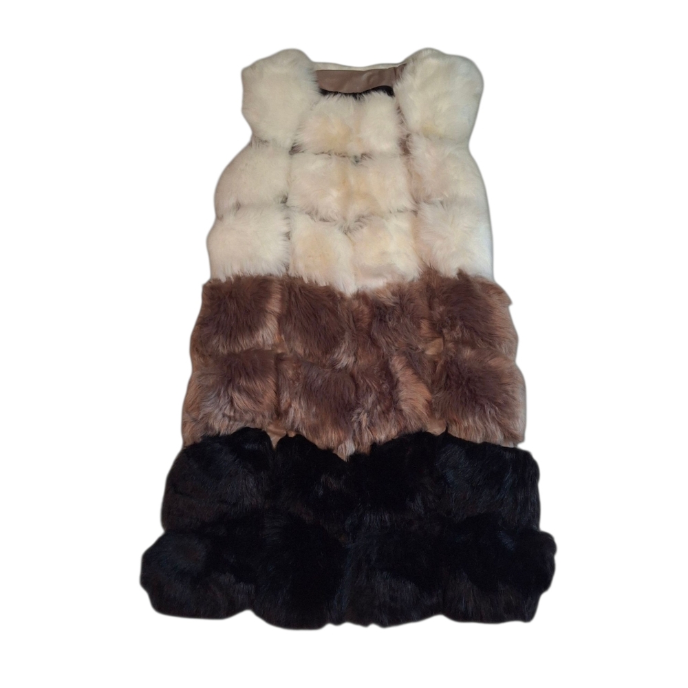 Faux-Fur Vest Multicolor Patchwork  Faux-Leather Panel Women Size Medium - Picture 12 of 16